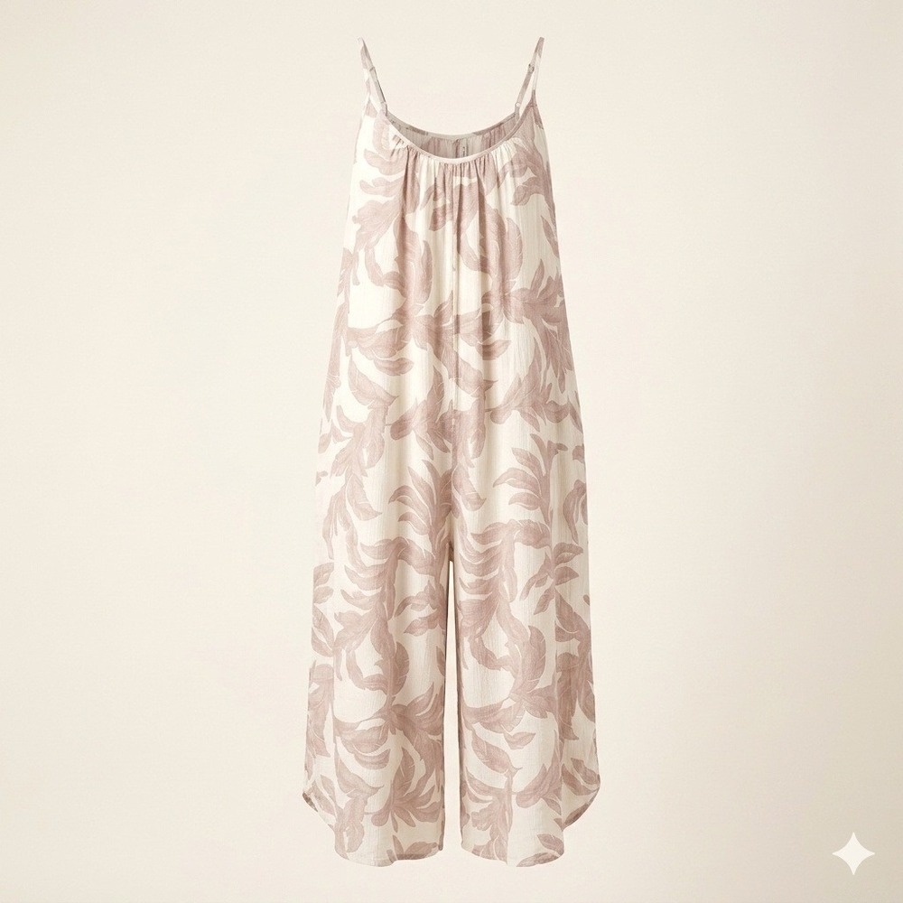 Elan Tropical Leaf Print Crop Wide Leg Jumpsuit Romper Cover Up Resort Beachy